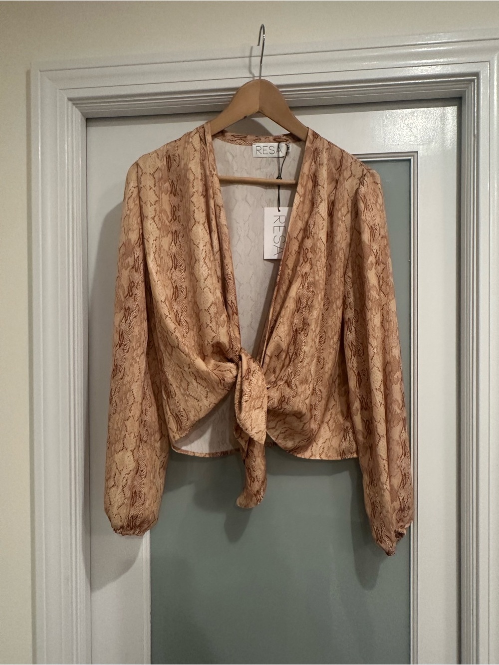 RESA Beige Snake-Print Tie-Front Long Sleeve Blouse